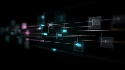 Futuristic IT and technology digital landscape with neon lights, circuit boards, and data streams in a dark environment from a dynamic viewpoint
