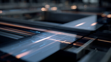 Futuristic IT and technology infrastructure with sleek metallic surfaces and abstract digital elements in a modern industrial setting viewed from a dynamic angle