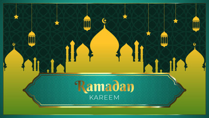 Ramadan Kareem celebration greeting card banner. Traditional Islamic festive invitation template. Flat Arabian decorations, mosque silhouette, and hanging lanterns