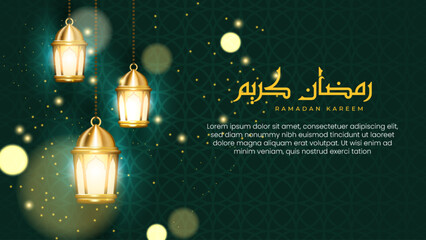 Ramadan Kareem in Arabic calligraphy celebration greeting card banner. Luxurious Islamic decoration background with 3D golden hanging lanterns and glitter particles