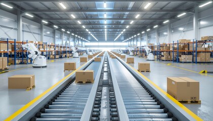 Modern warehouse with robotic arms and conveyor belt