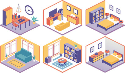 Obraz premium Home interiors elements concept isometric 3d icons set. Furnished rooms isometry isolated collection. bedroom, childs room, Living room, kitchen with dining space, hall and other. Vector illustration