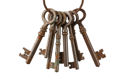Six antique, rusted metal keys with intricate designs, securely fastened on a sturdy ring, embodying history, access, and security, isolated on transparent background