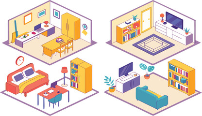 Obraz premium Home interiors elements concept isometric 3d icons set. Furnished rooms isometry isolated collection. bedroom, childs room, Living room, kitchen with dining space, hall and other. Vector illustration