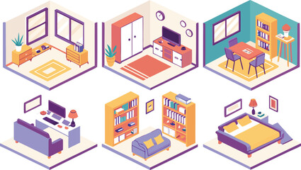 Obraz premium Home interiors elements concept isometric 3d icons set. Furnished rooms isometry isolated collection. bedroom, childs room, Living room, kitchen with dining space, hall and other. Vector illustration