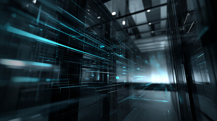 Futuristic IT and technology infrastructure in a sleek modern data center with advanced computer systems and high-speed networks