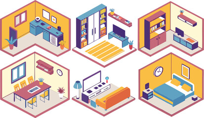 Obraz premium Home interiors elements concept isometric 3d icons set. Furnished rooms isometry isolated collection. bedroom, childs room, Living room, kitchen with dining space, hall and other. Vector illustration