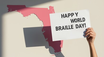 Hand holding sign for World Braille Day with Florida map