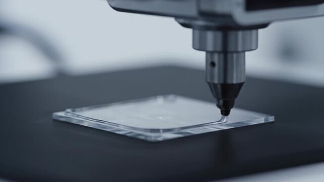 Close-up of microhardness testing machine, materials science, engineering, with clear square material sample and measuring instrument