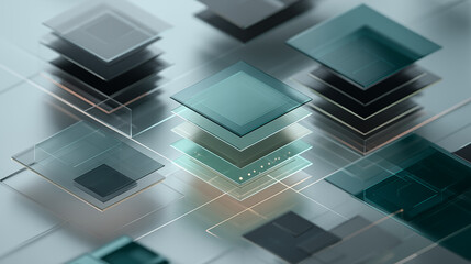 Futuristic IT and technology concept with layered digital squares and microchips in a sleek, modern, 3D environment from a tilted viewpoint