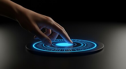 hand pressing a glowing blue button on a round electronic device
