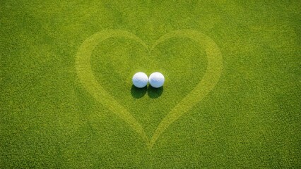 Two golf balls are placed side by side on green grass, surrounded by a heart shape cut into the turf.
