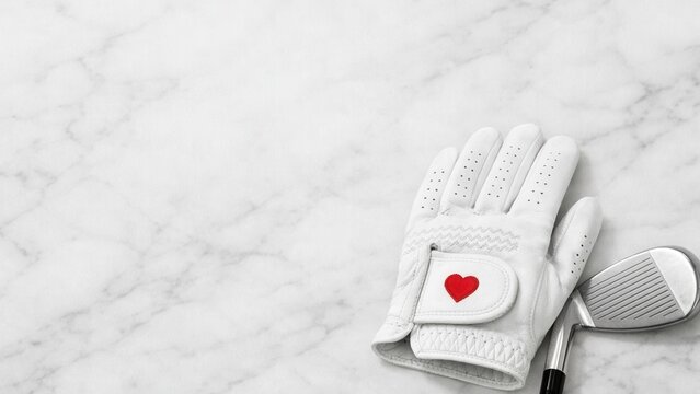 A white golf glove with a heart design rests on a marble surface next to a golf club, creating a stylish and sporty aesthetic. - Powered by Adobe