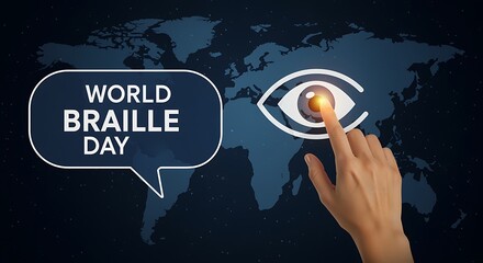 World Braille Day awareness campaign with hand touching eye icon on global map background