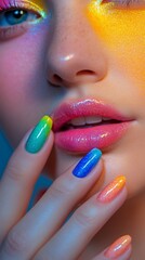 Naklejka premium Bright makeup with iridescent eyeshadow and glitter on the lips will emphasise the creativity of the beauty brand as an atmospheric backdrop for cosmetics advertising.