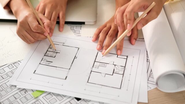 Professional engineer team discussion about house design on meeting table with architectural equipment and building blueprint scatter around at modern office. Focus on hand. Closeup. Delineation.