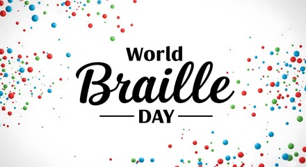 World Braille Day celebration with colorful confetti on white background