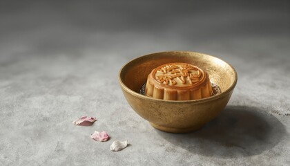 Elegant Gold Lacquer Bowl with Mooncake and Petals on Subtle Gray Background