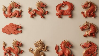 Intricate Paper Cutout Patterns of Zodiac Dragons on Neutral Background