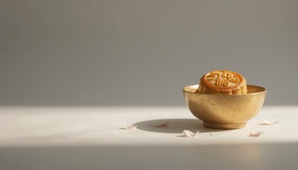 Elegant Gold Lacquer Bowl with Mooncake and Cherry Blossoms on Soft Background