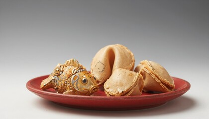 Decorative gold fish figurine beside fortune cookies on a red plate
