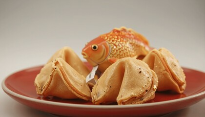 Decorative Gold Fish Figurine Beside Fortune Cookies on a Red Plate
