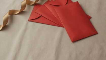 Flat Lay of Elegant Red Envelopes with a Flowing Gold Ribbon on Soft Background