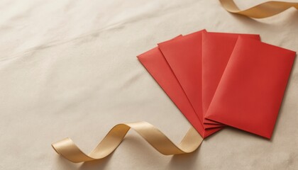 Minimal Flat Lay of Red Envelopes with Elegant Gold Ribbon on Soft Background