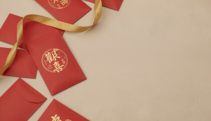Minimal Flat Lay of Red Envelopes with Gold Accents and Ribbon on Beige Background