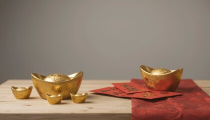 Traditional Still Life with Gold Ingot and Festive Red Envelopes for Lunar New Year