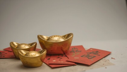 Elegant Gold Ingot Arrangement with Red Envelopes for Lunar New Year Celebrations