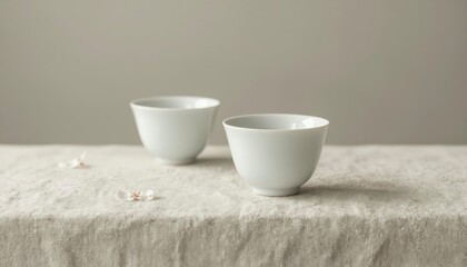 Minimal Still Life of Two Porcelain Teacups on a Textured Linen Tablecloth