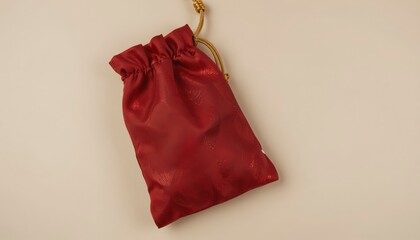 Elegant Red Silk Pouch with Gold Cord on Neutral Background for Gift Packaging or Decor