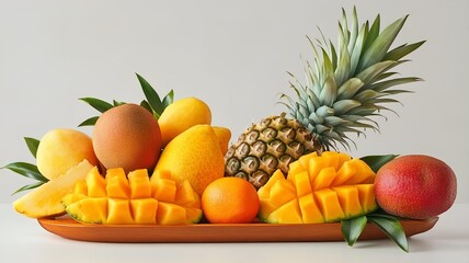 sri lankan tropical fruit platter with mango, pineapple and papaya on clean background