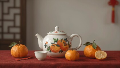 Traditional Chinese Teapot Surrounded by Fresh Tangerines on Red Tablecloth