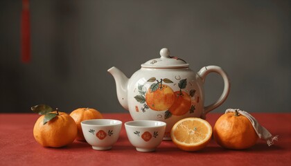 Traditional Chinese Teapot with Tangerines and Tea Cups on a Red Surface