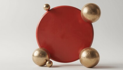 Abstract Composition Featuring Red Circle with Gold Spheres for Creative Use