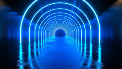 Vibrant blue neon tunnel with futuristic glowing arches leading to a distant exit