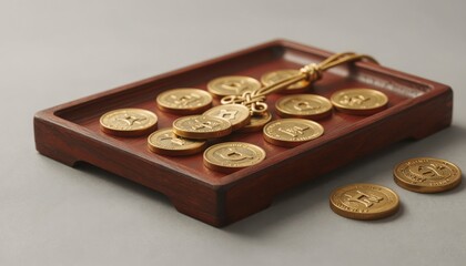 Scattered Gold Coins on Elegant Red Lacquer Tray for Luxurious Decoration and Display