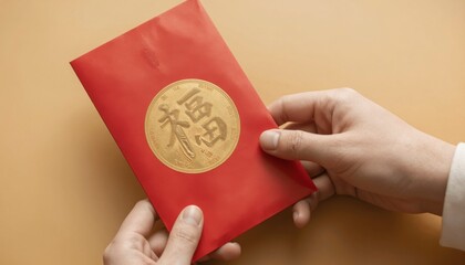 Close-Up of a Hand Placing a Red Envelope on a Neutral Background for Good Fortune
