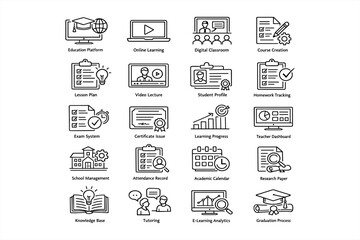 E-learning icons: education platform, online learning, digital classroom, course creation