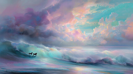 Surreal ocean wave running horse fantasy seascape pastel sky iridescent cloud dreamy horizon glowing water ethereal light