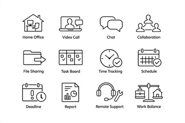 Icons representing home office and remote work tools for efficient collaboration