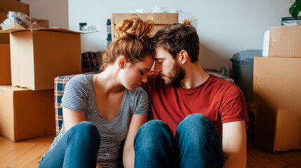 Exhausted but happy young couple sitting on the floor of a messy apartment surrounded by cardboard boxes, moving and new home concept