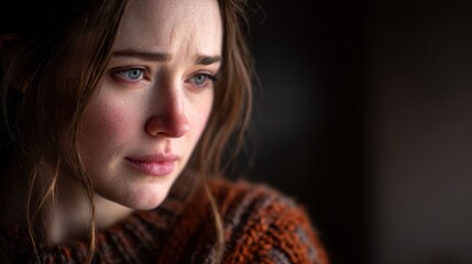 Close up of a young woman looking thoughtful indoors in a cozy setting during the day