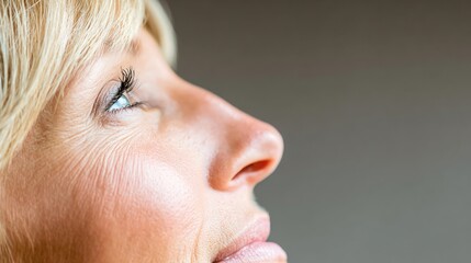 Close view of a woman looking up with a thoughtful expression during a quiet moment
