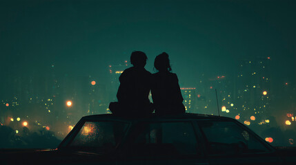 Silhouette of a couple sitting on the roof of a car at night looking at the blurred city lights, concept of romance and freedom