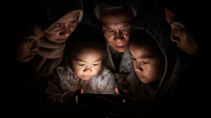 A multi-generational family gathered in the dark, illuminated by the light of a smartphone; a concept of the digital divide and family connection