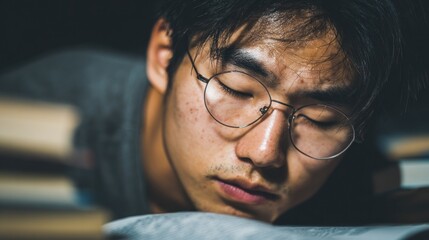 Student studies late at night while surrounded by books and notes in a dimly lit room