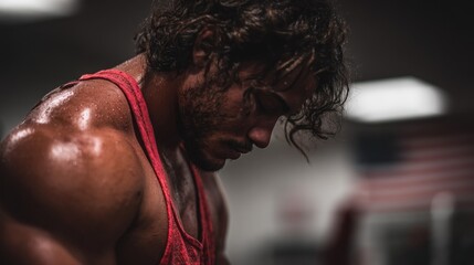 Man exercises in gym while showing focus during workout session